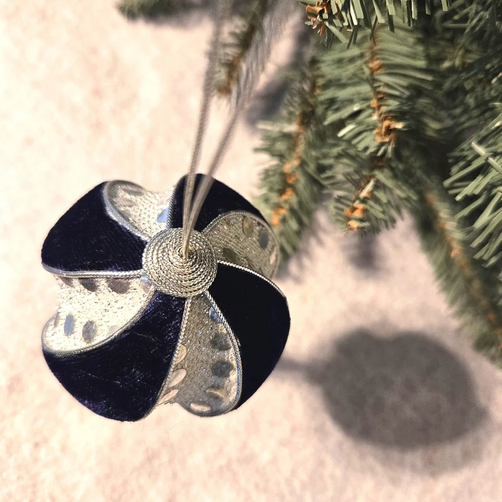 VTG Navy Blue Velvet Pearl Sequin Ornaments Lot of 2, Jeweled Star/Teardrop Ball